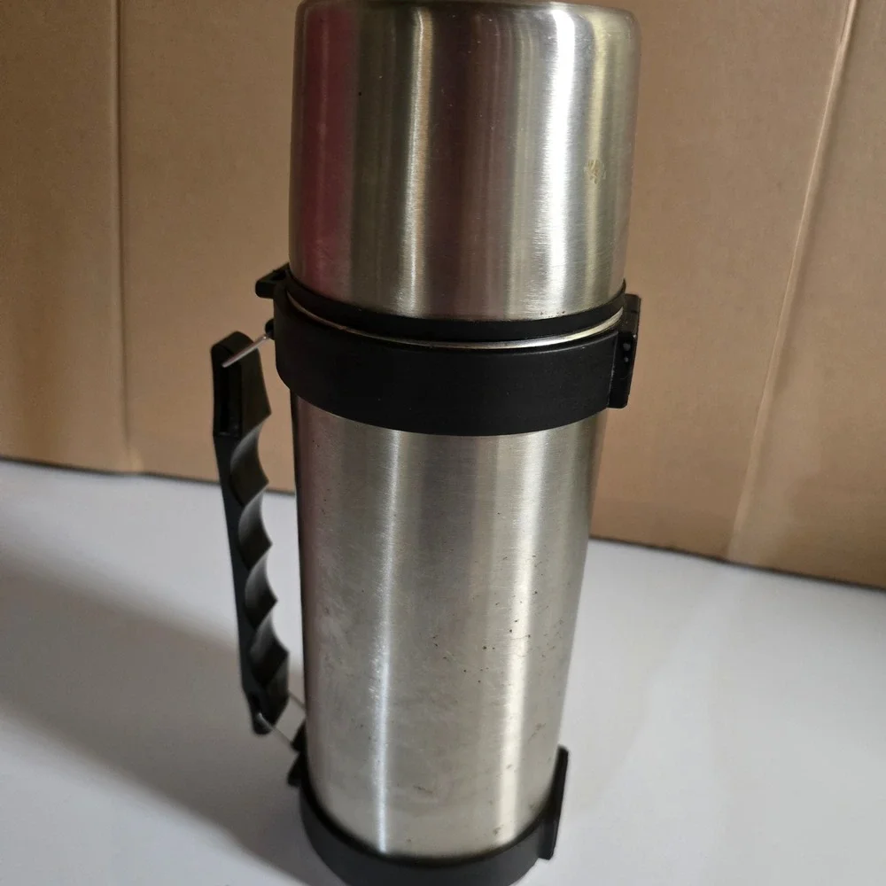 Vintage Stainless Steel Vacuum Bottle‎ Thermos w Cup Lid Stopper & Handle